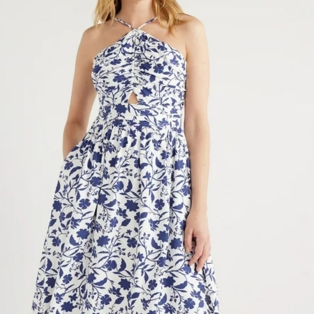 Free Assembly Halter Midi Dress Women S Blue White Linen Blend Cutout